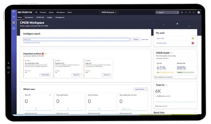 CMDB workspace dashboard in ServiceNow showcasing CMDB health and CI information.