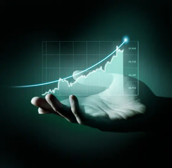 A hand presents a glowing upward-trending graph with data points in a dark, digital setting, symbolizing growth and success through ServiceNow integration.