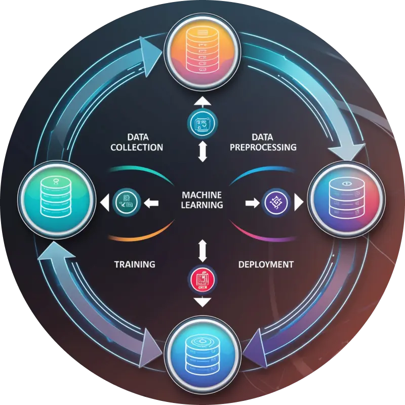 The IT development cycle was depicted as a circular loop, with a database at each quadrant. At the center, machine learning was shown, interconnected with data loading, processing, training, and development stages.