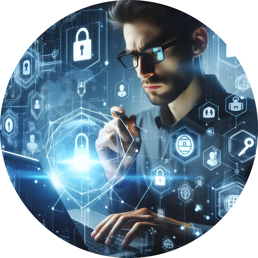 A testing professional is using a laptop to perform various maintenance tasks, primarily focusing on security, with all tasks interlinked.