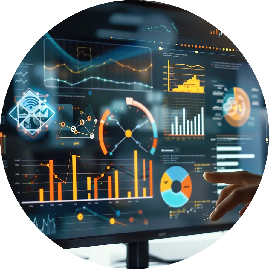 Various KPIs and KRIs are monitored in real-time through visualizations such as bar charts, pie charts, and line graphs displayed on the monitor.