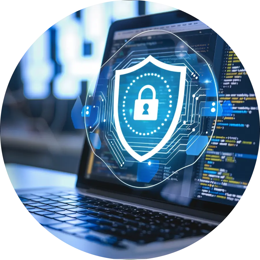 A laptop projects a large security icon, featuring a shield in the background.