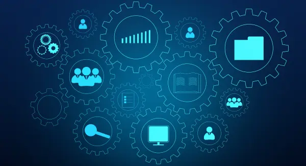 Various business and operational processes are represented by interconnected gear icons.