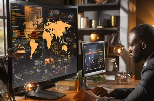 A professional is monitoring and visualizing threat intelligence on a large screen, displaying various key metrics for making data-driven decisions