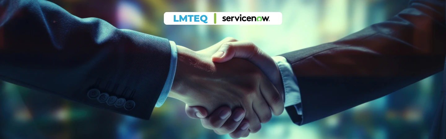 Two people engaging in a handshake, with "LPF" in the background, illustrating the partnership formed by LMTEQ and ServiceNow.