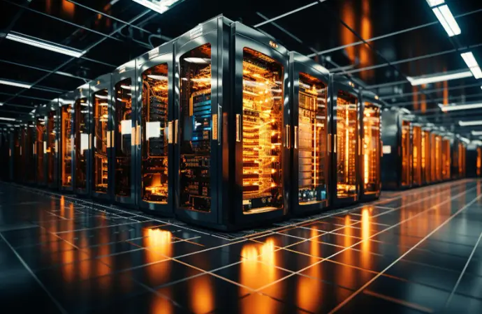 A server room featuring a green and blue background, highlighting the ServiceNow Data Center Implementation.