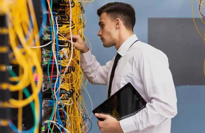 A man in a white shirt intently observes a computer screen, engaged in ServiceNow FSM tasks.