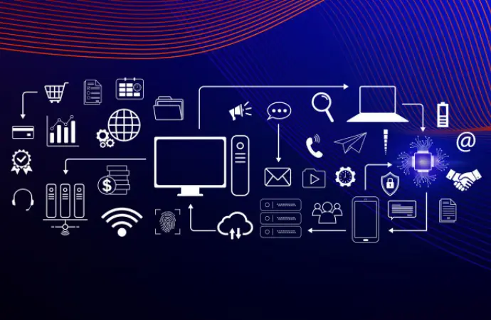 A blue and green background featuring various icons related to ServiceNow IT Asset Management.