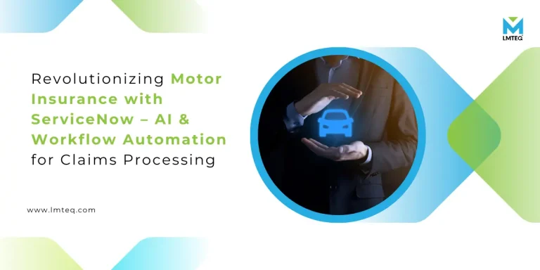 A hero banner image showcasing a car icon inside a pair of hands on the left and the text, "Revolutionizing Motor Insurance with ServiceNow."