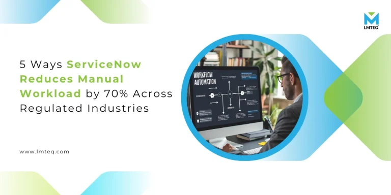 A hero/banner image representing a professional performing the workflow automation on his desktop, and the blog title, 5 ways ServiceNow reduces manual work by 70% across industries. The image was AI-generated.