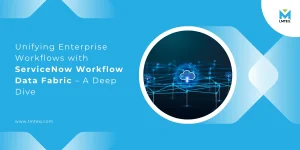 The hero/banner image showcasing the multiple database connected (showed in the form multiple cloud) on the right side of the image and the blog title, "Unifying Enterprise Workflows with ServiceNow Workflow Data Fabric - A Deep Dive"