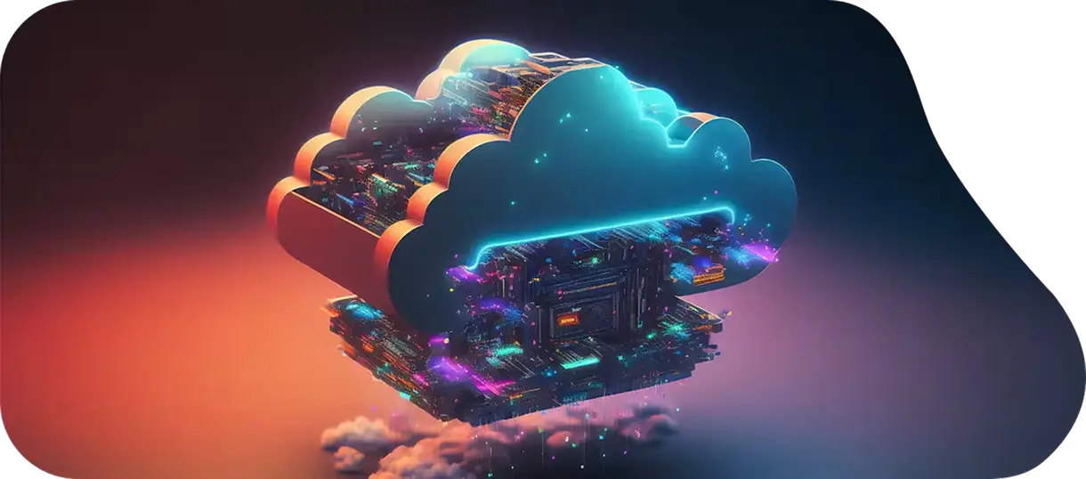 Digital illustration of a cloud-shaped structure filled with glowing computer circuits, perfect as an LMTEQ website banner image representing cutting-edge cloud computing technology.