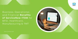 A person sits at a desk viewing data charts on a computer screen. Text highlights ServiceNow ITOM Benefits for BFSI, healthcare, manufacturing, and TMT industries. Green geometric background with LMTEQ logo.