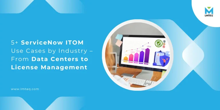 A person works at a computer displaying colorful bar and pie charts. Text reads: 5+ ServiceNow ITOM use cases by industry – From Data Centers to License Management. LMTEQ logo is in the top right corner.