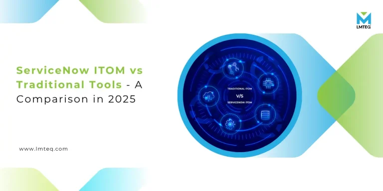 A digital graphic titled “ServiceNow ITOM vs Traditional Tools - A Comparison in 2025” uses a blue circular diagram to highlight key differences between ServiceNow ITOM vs traditional tools, with the LMTEQ logo displayed in the top right corner.
