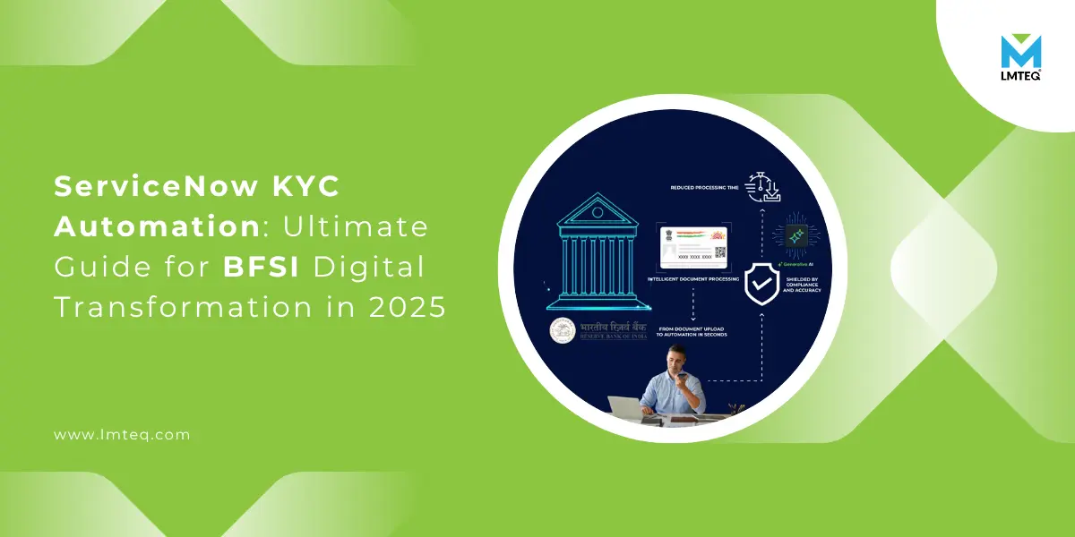 A digital graphic promoting ServiceNow KYC automation for BFSI digital transformation in 2025, featuring a man at a desk, ServiceNow KYC automation banking icons, and text on a green and blue background with the LMTEQ logo.