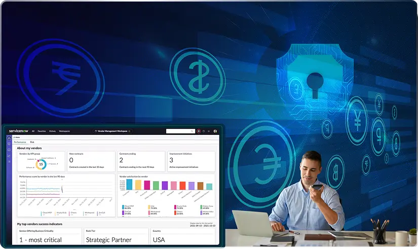 A man works on a laptop at a desk, with a large cybersecurity-themed graphic behind him showing currency symbols and a padlock—highlighting ServiceNow solutions for BFSI. An analytics dashboard is displayed in the foreground.