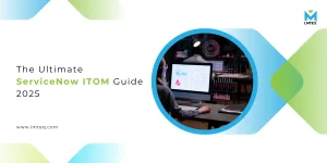 A promotional banner for the ServiceNow ITOM Guide - 2025 by Lmteq, featuring a person analyzing data on a computer screen with graphs and charts, alongside the company logo and website link.