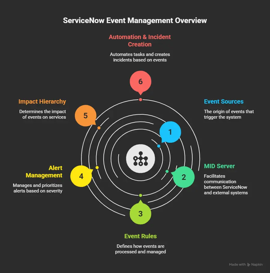 key components of servicenow event management Infographic titled “ServiceNow Event Management Overview” features six labeled circles that illustrate the ServiceNow event management process: Event Sources, MID Server, Event Rules, Alert Management, Impact Hierarchy, and Automation & Incident Creation.