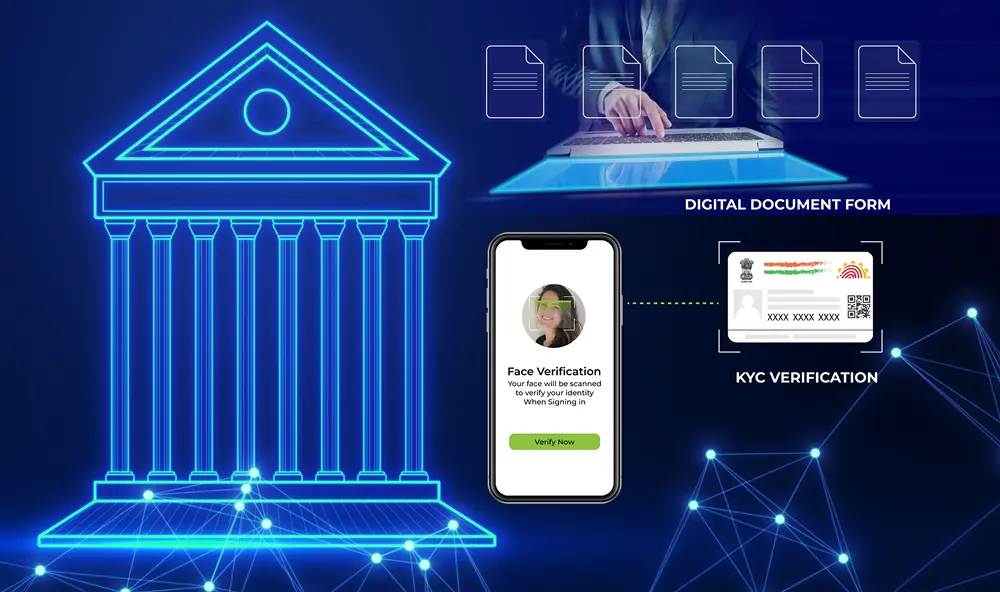 A digital illustration shows a bank building icon, a person using a laptop to upload documents, and a smartphone with face verification—each symbolizing ServiceNow CSM implementation for streamlined KYC Verification through connected digital processes.
