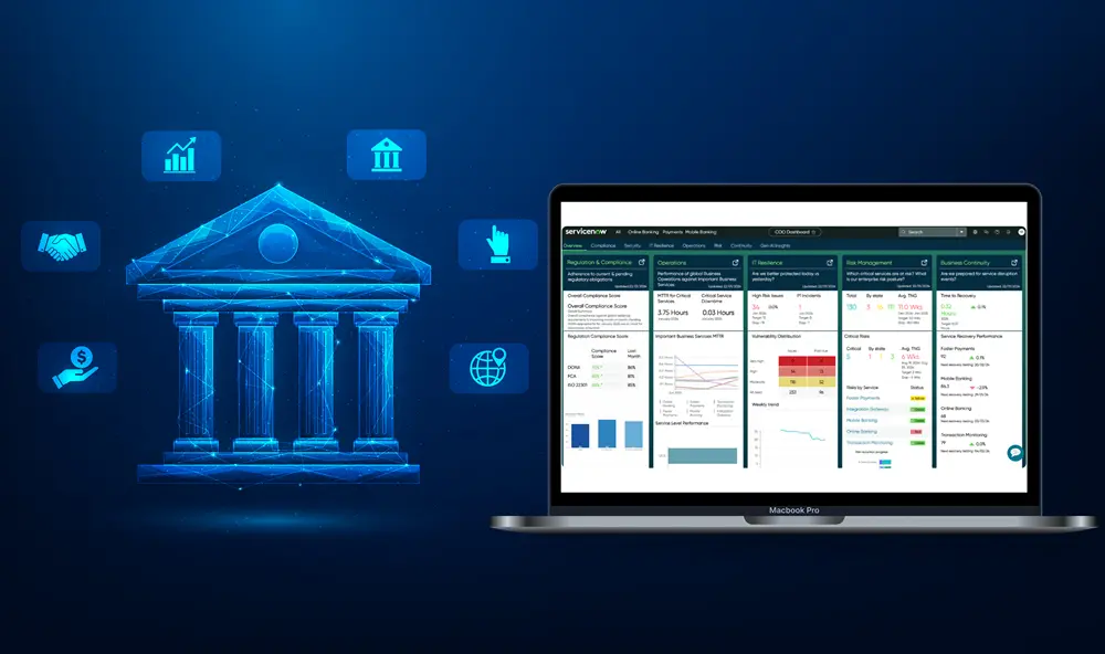 A laptop displays data dashboards on a blue background beside a digital bank icon with finance-related symbols, showcasing how ServiceNow for BFSI drives reduced backlog, faster resolution time, and a high CSAT score.