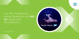 Green graphic with white text: Top 30+ Frequently Asked Questions on SAP SD (Sales and Distribution). A circular image shows a hand with digital SAP SD icons. Bottom right: LMTEQ logo. Website link: www.lmteq.com.