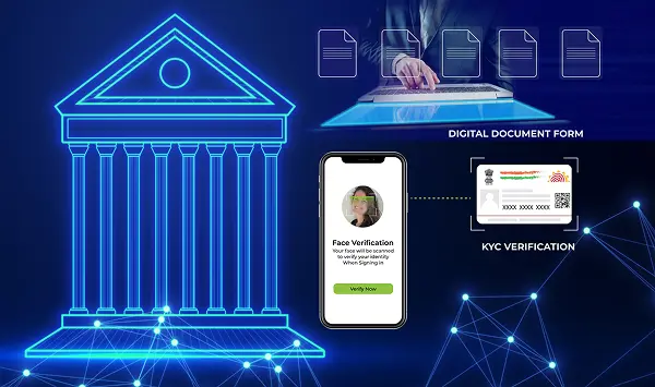 A laptop displays data dashboards on a blue background beside a digital bank icon with finance-related symbols, showcasing how ServiceNow for BFSI drives reduced backlog, faster resolution time, and a high CSAT score.