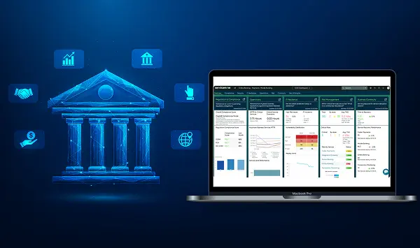 A digital illustration shows a bank building icon, a person using a laptop to upload documents, and a smartphone with face verification—each symbolizing ServiceNow CSM implementation for streamlined KYC Verification through connected digital processes.