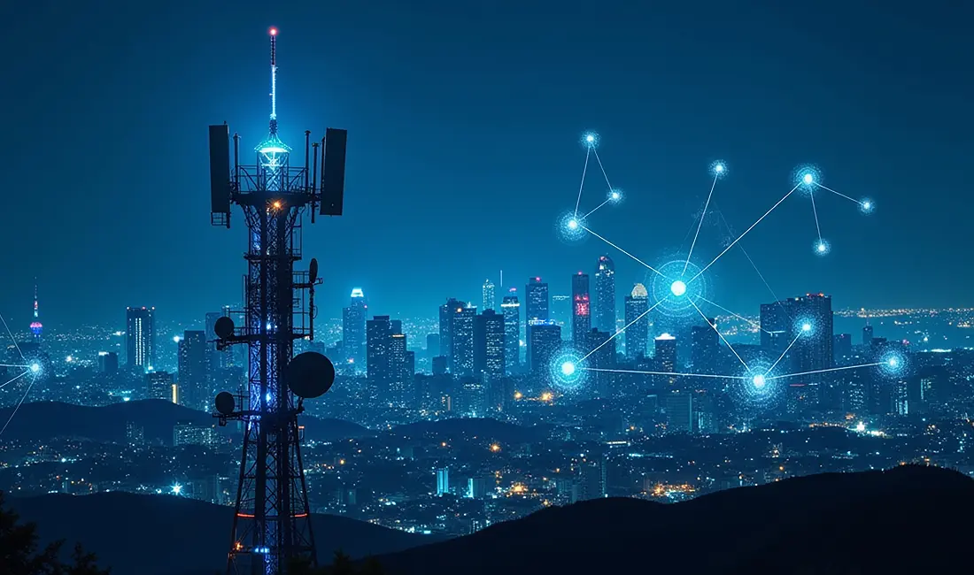 A large cell tower is seen at night overlooking a brightly lit city skyline, with glowing nodes and connecting lines digitally superimposed, symbolizing ServiceNow for telecom industry wireless communication networks.