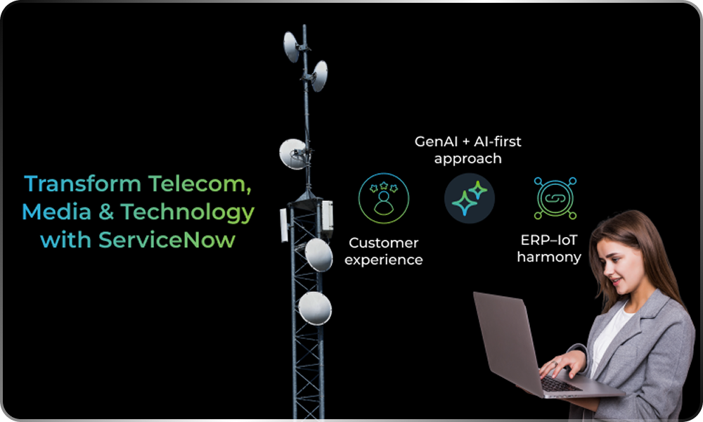 A woman uses a laptop beside a telecom tower. Text reads Transform Telecom, Media & Technology with ServiceNow solutions for TMT industry. Icons highlight Customer experience, GenAI + AI-first approach, and ERP-IoT harmony.
