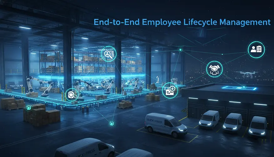 servicenow solution for quick commerce “ServiceNow solutions for quick commerce enabling end-to-end employee lifecycle management in a smart warehouse environment with automation, connected systems, and logistics vehicles.”