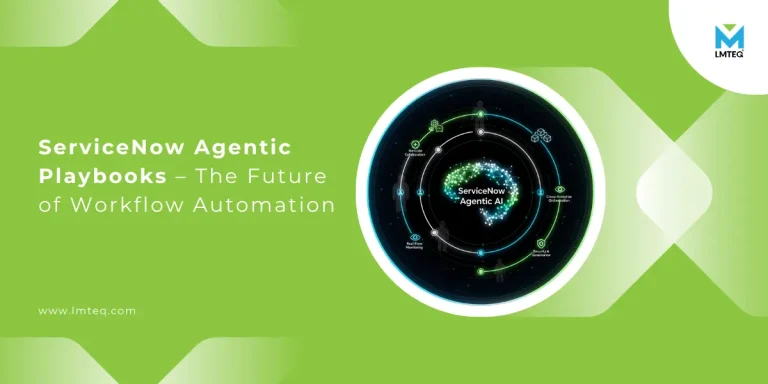 servicenow agentic playbooks A green graphic features the text ServiceNow Agentic Playbooks – The Future of Workflow Automation beside a circular digital diagram. The LMTEQ logo appears at the top right, with www.lmteq.com at the bottom left.