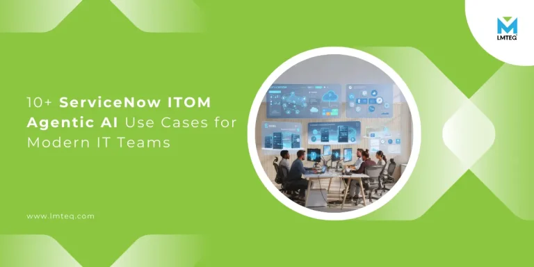 Diagram illustrating ServiceNow ITOM agentic AI use cases, including event noise reduction, alert correlation, autonomous root cause analysis, predictive outage prevention, incident prioritization by business impact, self-healing IT operations, anomaly detection, capacity optimization, proactive incident prevention, and actionable insights for IT leadership.