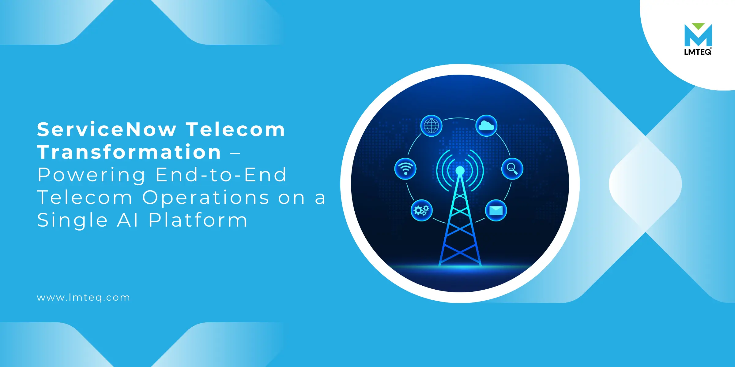 ServiceNow telecom transformation illustration showing AI-driven end-to-end telecom operations with network tower, cloud, analytics, and digital service icons on a unified platform.