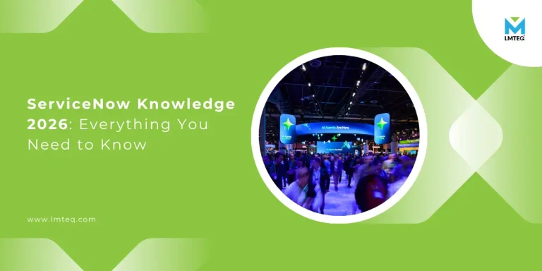 ServiceNow Knowledge 2026 event banner showing conference crowd and expo hall with LMTEQ branding and event title