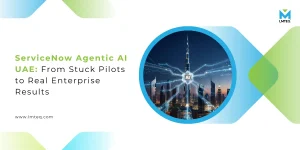 ServiceNow Agentic AI UAE connecting enterprise workflows across Dubai skyline with AI-powered digital network nodes