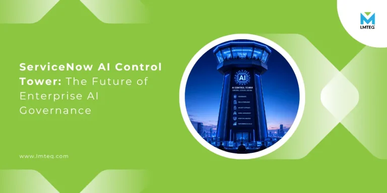 ServiceNow AI Control Tower illustration showcasing enterprise AI governance, monitoring, compliance, risk management, and centralized AI operations with futuristic control tower dashboard design.