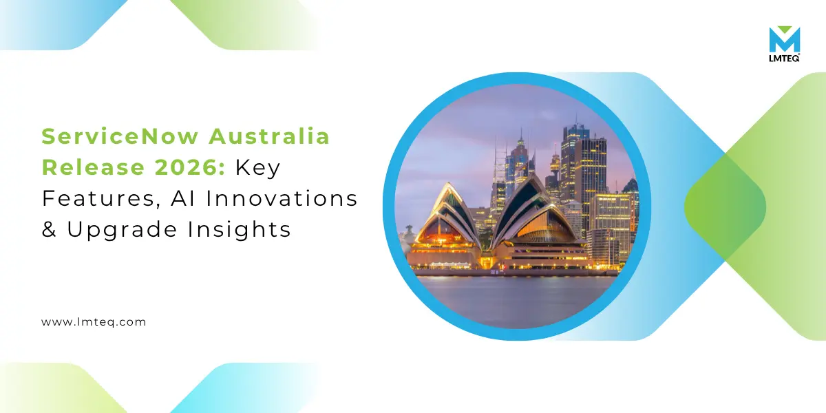 ServiceNow Australia Release 2026 banner highlighting key features, AI innovations, and upgrade insights by LMTEQ ServiceNow Elite Partner.