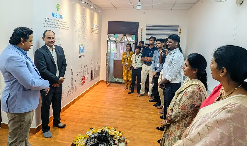 LMTEQ Puducherry office inauguration with employees and leadership.