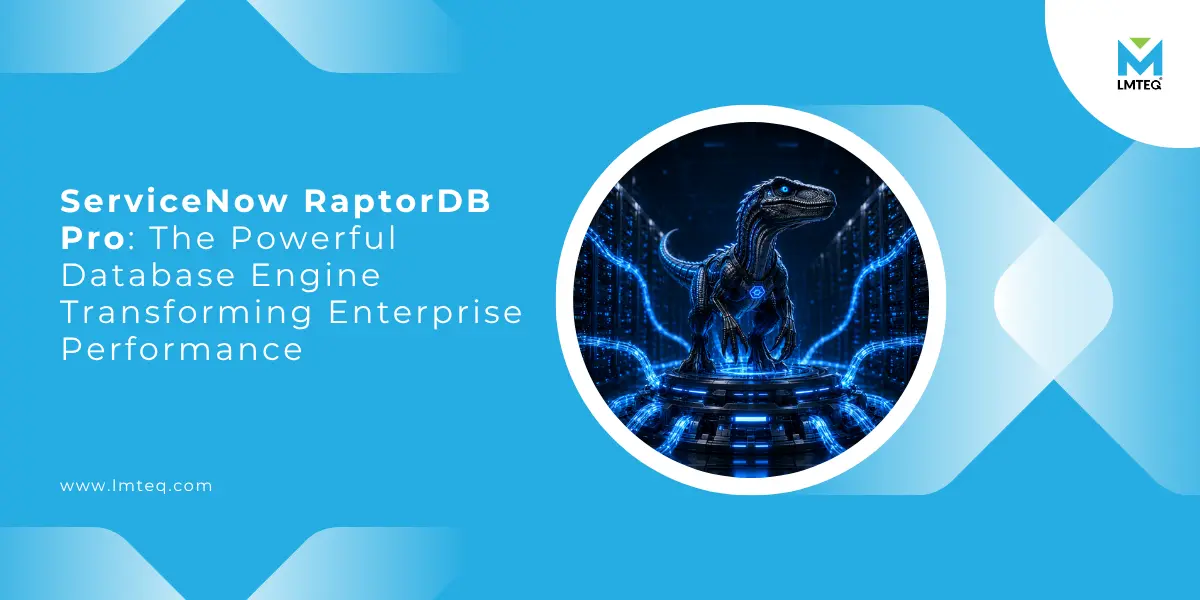 servicenow raptordb pro ServiceNow RaptorDB Pro visual depicting a powerful enterprise database engine with a futuristic raptor symbolizing high-speed transactions, scalability, and real-time data processing.