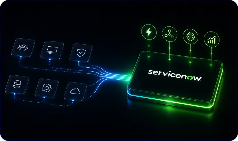 ServiceNow AI Strategic Acquisitions visual showing the ServiceNow platform integrating enterprise systems, cloud, security, automation, AI intelligence, and analytics through glowing blue and green digital connections.