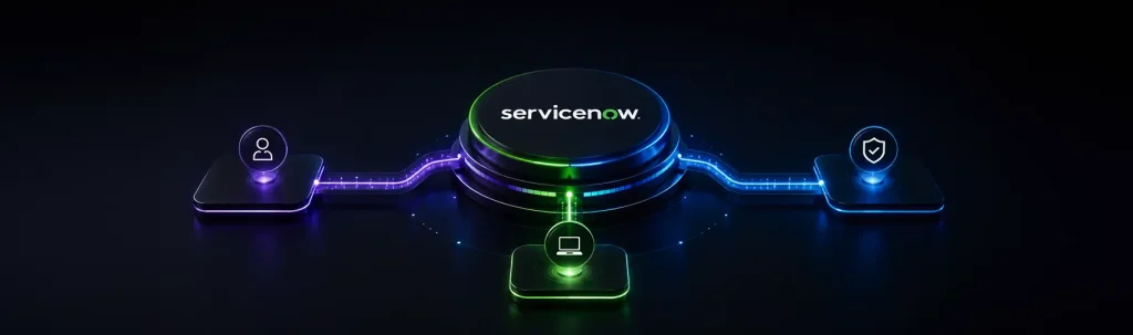 ServiceNow AI Strategic Acquisitions visual showing the ServiceNow platform connecting identity, security, and enterprise technology nodes through glowing blue, green, and purple digital pathways.