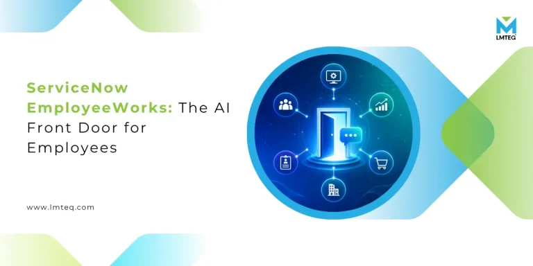 ServiceNow EmployeeWorks AI front door interface showing employee self-service icons for HR, IT, finance, and workplace requests