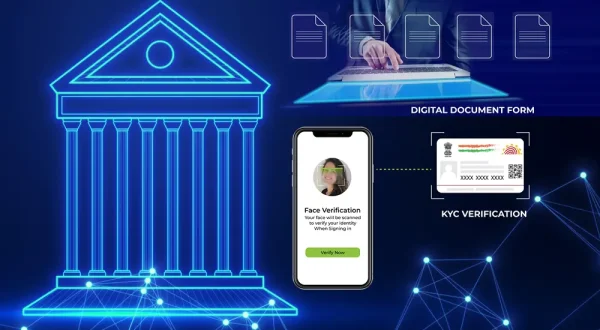 A digital illustration shows a bank building icon, a person using a laptop to upload documents, and a smartphone with face verification—each symbolizing ServiceNow CSM implementation for streamlined KYC Verification through connected digital processes.