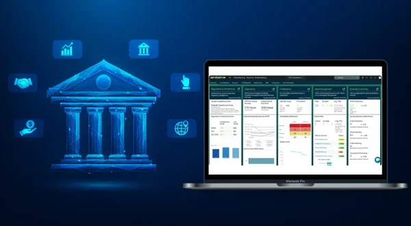 A laptop displays data dashboards on a blue background beside a digital bank icon with finance-related symbols, showcasing how ServiceNow for BFSI drives reduced backlog, faster resolution time, and a high CSAT score.