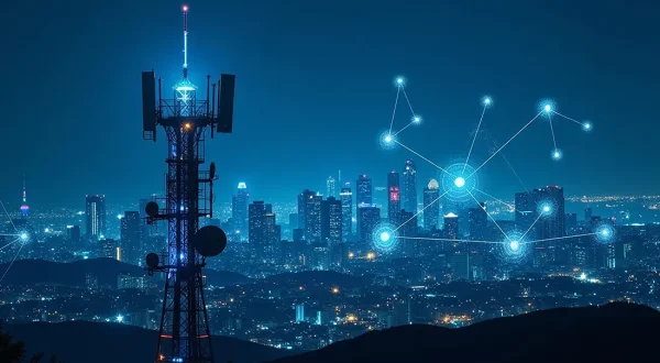 A large cell tower is seen at night overlooking a brightly lit city skyline, with glowing nodes and connecting lines digitally superimposed, symbolizing ServiceNow for telecom industry wireless communication networks.
