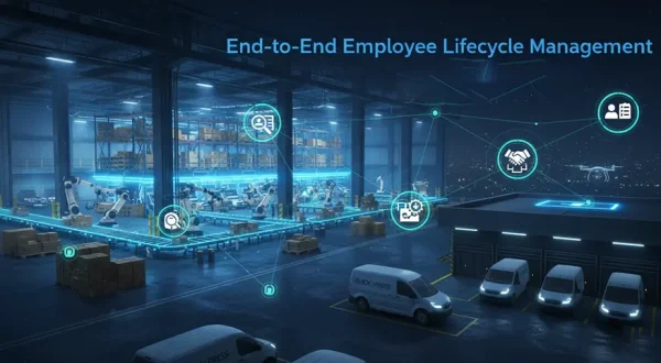 “ServiceNow solutions for quick commerce enabling end-to-end employee lifecycle management in a smart warehouse environment with automation, connected systems, and logistics vehicles.”