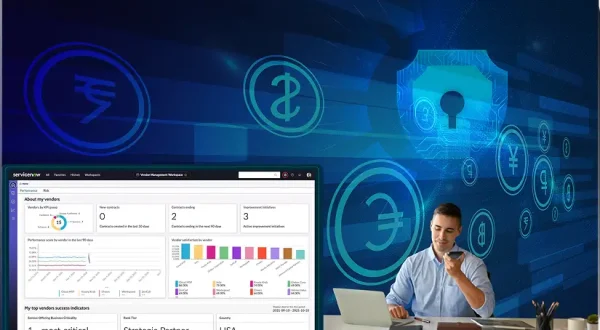A man works on a laptop at a desk, with a large cybersecurity-themed graphic behind him showing currency symbols and a padlock—highlighting ServiceNow solutions for BFSI. An analytics dashboard is displayed in the foreground.