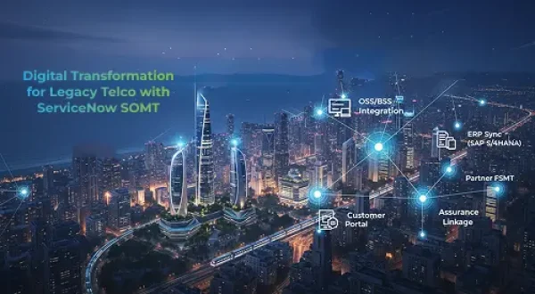 A futuristic cityscape at night with glowing lines connecting icons labeled ServiceNow SOMT, OSS/BSS Integration, ERP Sync (SAP S/4HANA), Partner FSMT, Customer Portal, and Assurance Linkage. Text reads: Digital Transformation for Legacy Telco.