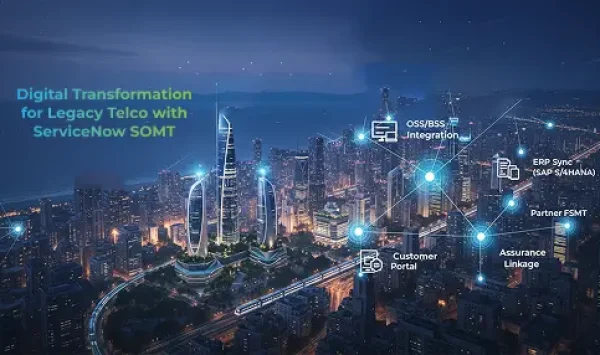 A futuristic cityscape at night with glowing lines connecting icons labeled ServiceNow SOMT, OSS/BSS Integration, ERP Sync (SAP S/4HANA), Partner FSMT, Customer Portal, and Assurance Linkage. Text reads: Digital Transformation for Legacy Telco.